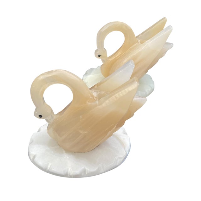Late 20th Century Carved Onyx Swan Sculptures on Stone Bases – Pair For Sale - Image 4 of 6