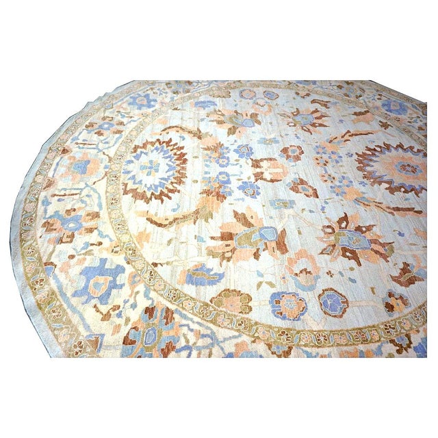 Islamic Afghan Sultanabad Master Wool 11x11 Ivory, Light Blue & Light Orange Handmade Round Area Rug #1143252 For Sale - Image 3 of 12