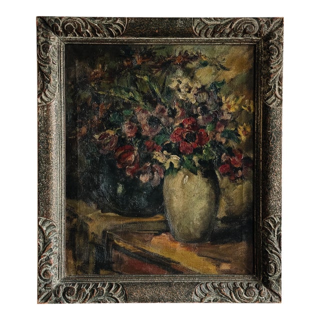 Antique Belgian Oil Painting, Moody Florals (1920) For Sale