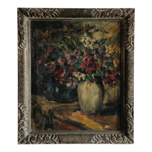 Antique Belgian Oil Painting, Moody Florals (1920)