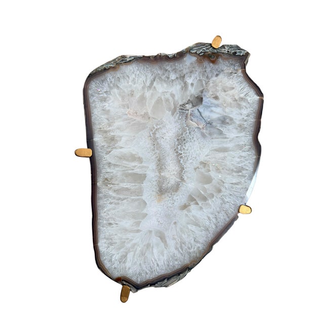 Unusual Modern Handcrafted Drinks Table. Pale Gray Crystalized Quartzite With a Contrasting Very Thin Brown Edge on a Gilded Steel Base. For Sale - Image 4 of 4