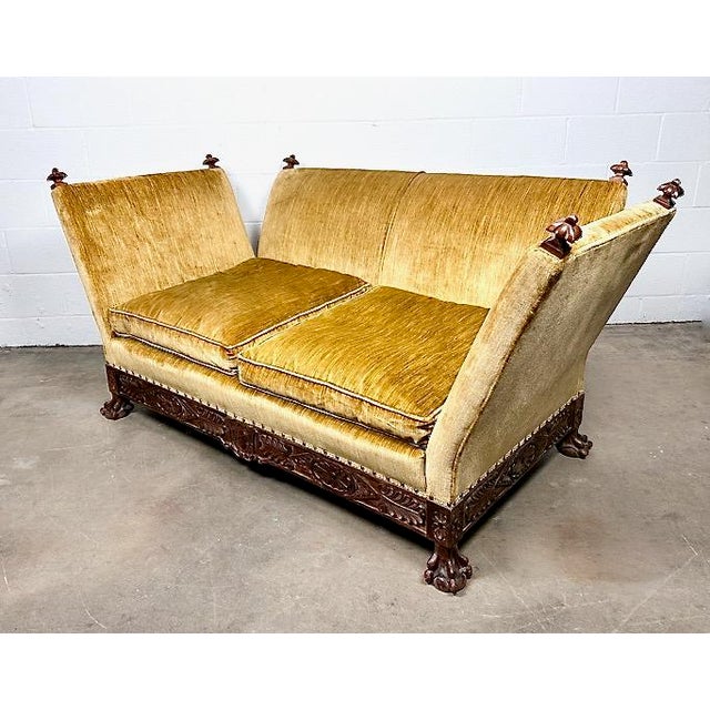 Traditional Antique Knole-Style Sofa, Hand-Carved Walnut, Silk Velvet, C. 1900 For Sale - Image 3 of 9