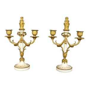Fine Pair of French Louis XV Style Bronze Candelabras With White Marble Bases