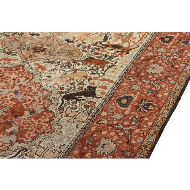 Traditional Hand-Knotted Antique Tabriz Style Rug, Red, Beige-Brown Pictorial Hunting Rug For Sale - Image 3 of 6