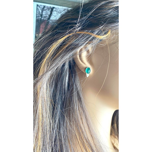 Green 14k Yellow Gold Colombian Cabochon Emerald and Diamond Drop Bezel Set Earrings, A Pair For Sale - Image 8 of 9