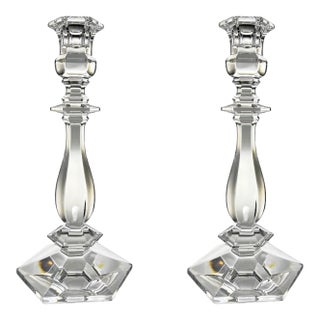 Val St Lambert Crystal Candleholders, Pair | Hexagonal Base, Clear Belgian Crystal For Sale