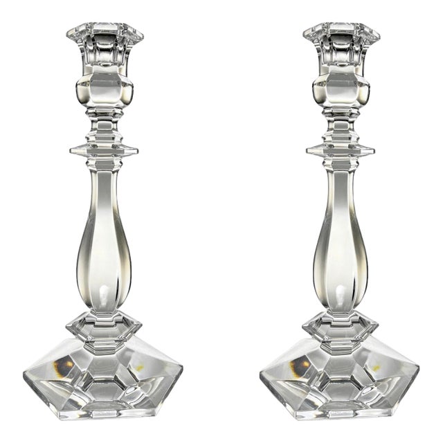 Val St Lambert Crystal Candleholders, Pair | Hexagonal Base, Clear Belgian Crystal For Sale