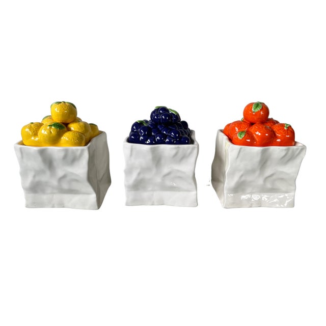Sweet and Fun Set of Kitchen Ceramic Containers, in the form of a white paper bag of overflowing with Lemons, grapes, and...