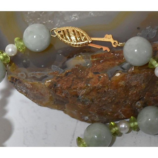 Natural Green Jadeite Beaded Necklace With Pearls and Peridot 14k Gold For Sale - Image 12 of 13