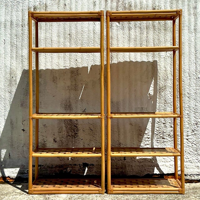 Late 20th Century Vintage Coastal Parquet Rattan Etagere - a Pair For Sale - Image 5 of 10