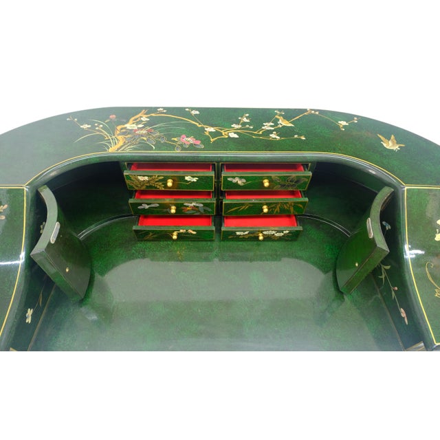 Emerald Green Lacquer Chinoiserie Desk Writing Table Console & Chair MINT For Sale - Image 14 of 18