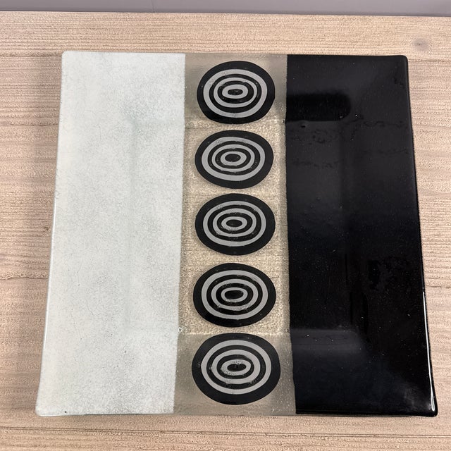 Contemporary Vintage-Style Black & White Fused Art Glass Square Platter With Concentric Oval “Target” Motif | 13” For Sale - Image 3 of 8