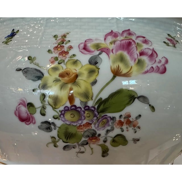 Ceramic Vintage Herend Tureen With Hand-Painted Floral Decoration and Imprinted Basket-Weave Trim For Sale - Image 7 of 12