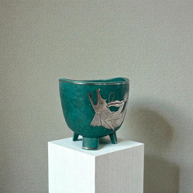 Argenta Bowl with Silver Fish Relief by Wilhelm Kåge for Gustavsberg, Sweden, 1930s For Sale - Image 3 of 7