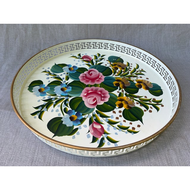 Farmhouse Vintage White Tole Round Tray For Sale - Image 3 of 16