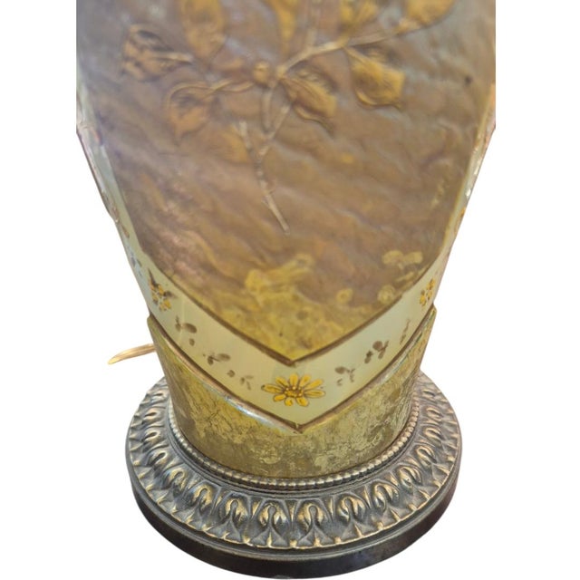 Bronze 1900s Rare Unsigned Cameo Glass Art Nouveau Style Landscape Table Lamp - Gilt Bronze Base For Sale - Image 8 of 11