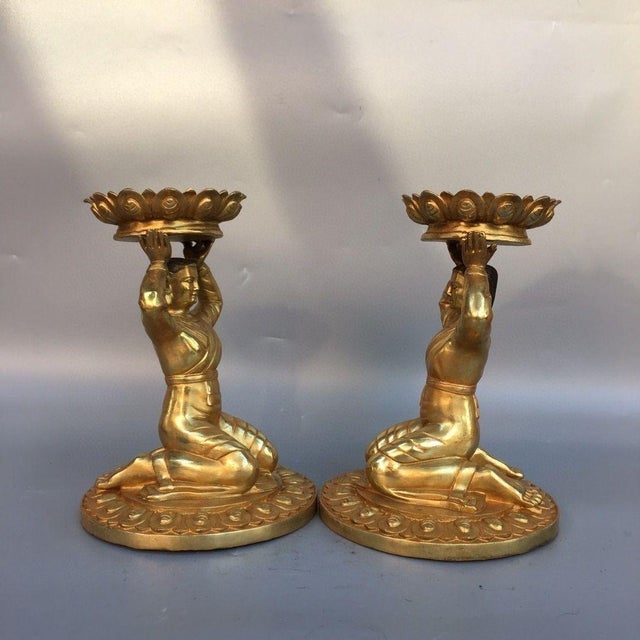 Chinese Vintage Pair of Gilt Bronze Kneeling Figure Candlesticks - Buddhist Altar Lamps For Sale - Image 3 of 9