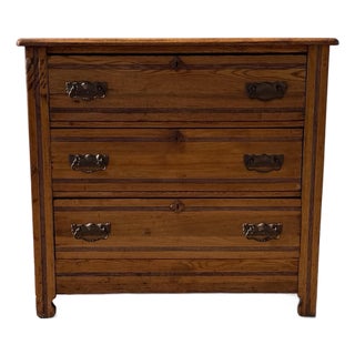 Antique Victorian Eastlake Oak Three-Drawer Chest With Brass Hardware For Sale
