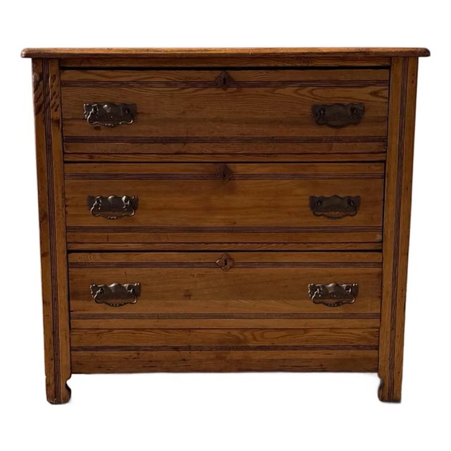 Antique Victorian Eastlake Oak Three-Drawer Chest With Brass Hardware For Sale