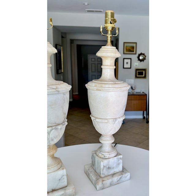 1950s Large Pair Italian Column Neoclassical Alabaster Table Lamps For Sale - Image 9 of 16