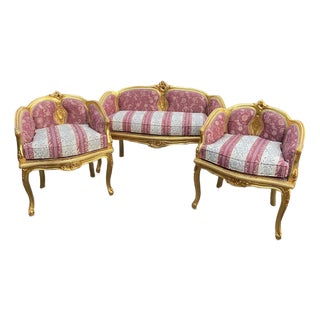 1970s French Louis XVI Gilt Beech Damask Sofa Set – 3 Pc For Sale