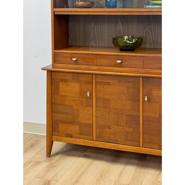 Brown Vintage Hutch by Paine Furniture MCM China Cabinet, Parquet Doors, Glass Sliding For Sale - Image 8 of 18