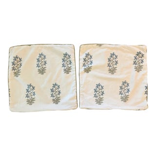 Peter Dunham Udaipur Indigo Pillow Covers With Green Welt, a Pair For Sale