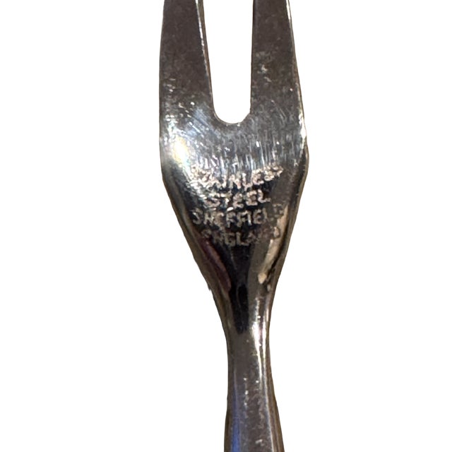 1930s Antique Set of 10. Sheffield Relish Forks. Mother of Pearl/Sterling Silver Cuff/Stainless Steel Utensil. For Sale - Image 5 of 6