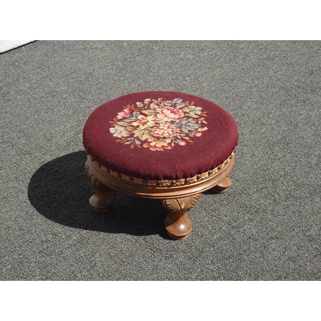 1950s Footstool ~ Vintage French Country Burgundy Floral Round Needlepoint Footstool#2 For Sale - Image 5 of 14