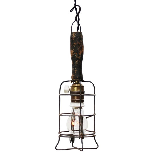 French Work Ceiling Lamp with Wooden Handle and Brass & Iron Cage For Sale - Image 5 of 5