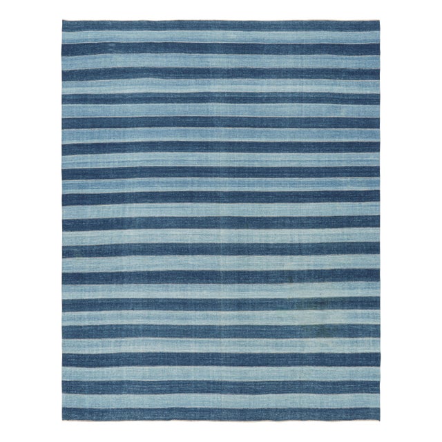 Blue Rug & Kilim's Contemporary Dhurrie Rug in Blue Geometric Stripes - 9x12 For Sale - Image 8 of 8