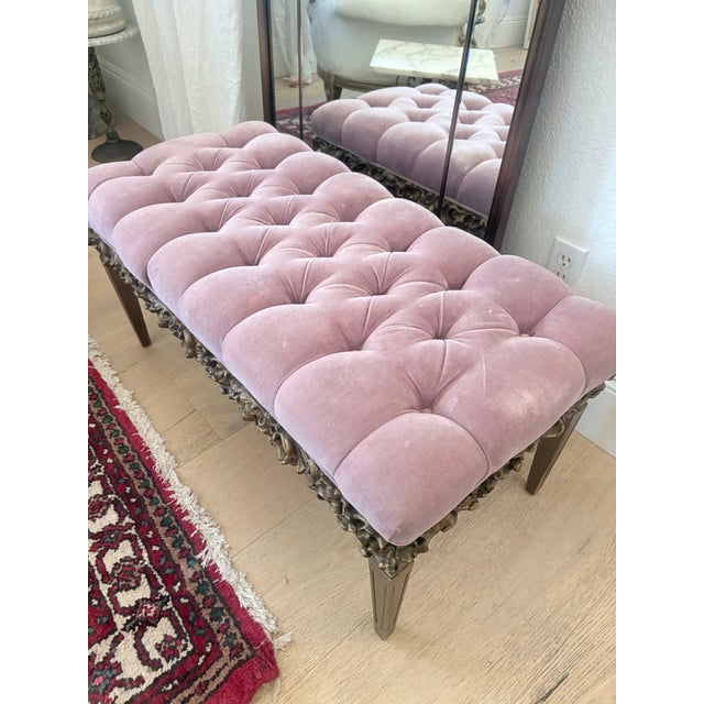Late 19th Century Hollywood Regency Pink Velvet Tufted Bench With Ornate Carved Frame For Sale - Image 9 of 9