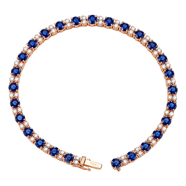 Late 20th Century 14K Pink Rose Gold Diamond Sapphire Tennis Bracelet For Sale