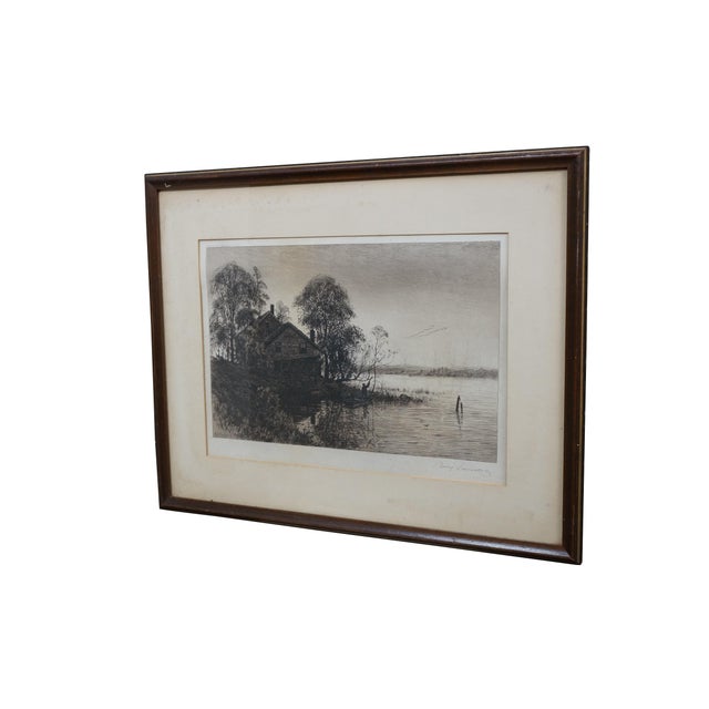 Antique 19th-century seascape / landscape etching by American artist Benjamin Lander. A rustic house / cottage is nestled...