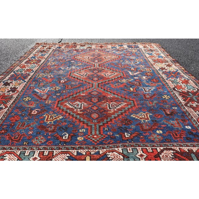 Antique Persian Shiraz Rug With Indigo Field and Diamond Medallions For Sale - Image 9 of 12
