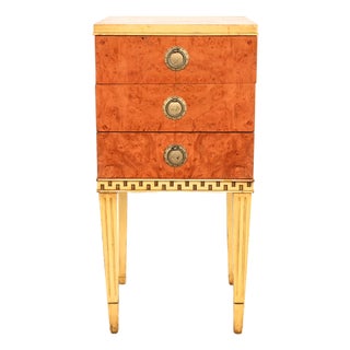 Romweber Style French Regency Louis XVI Burl Wood and Parcel Painted Three-Drawer Bedside Chest, Circa 1940s For Sale
