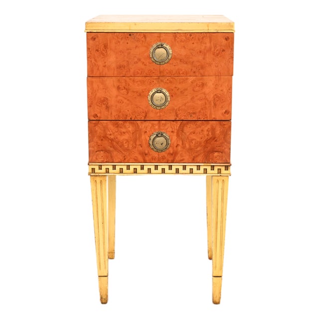 Romweber Style French Regency Louis XVI Burl Wood and Parcel Painted Three-Drawer Bedside Chest, Circa 1940s For Sale