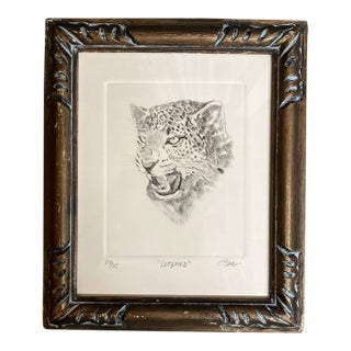 1980’s Original “Leopard” Etching Antique Carved Wood Frame For Sale