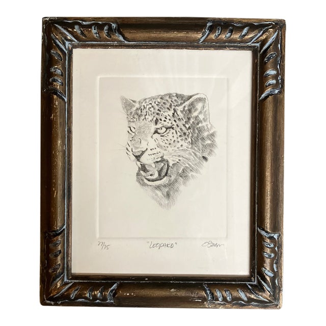 1980’s Original “Leopard” Etching Antique Carved Wood Frame For Sale