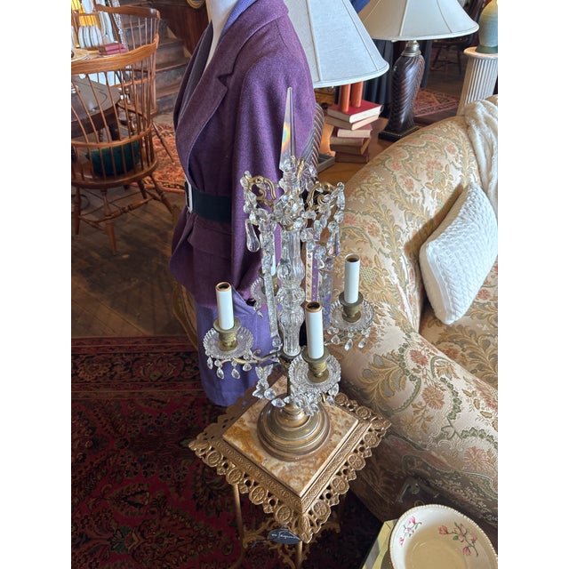 Metal Antique Brass and Crystal Lamp For Sale - Image 7 of 10