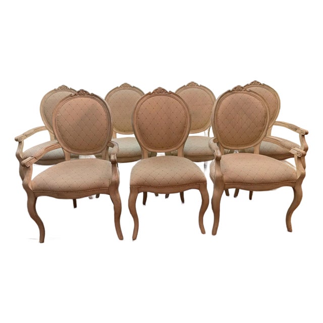 Set of 7 French Louis XVI Style Oval Back Dining Chairs – Distressed Painted Finish & Quilted Upholstery For Sale