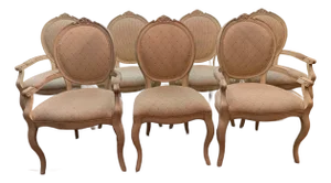 Set of 7 French Louis XVI Style Oval Back Dining Chairs – Distressed Painted Finish & Quilted Upholstery