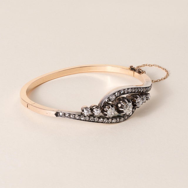 Antique French Napoléon III Diamond Cuff Bangle Rose Gold & Silver Circa 1850s–1860s An exceptional example of mid-19th...
