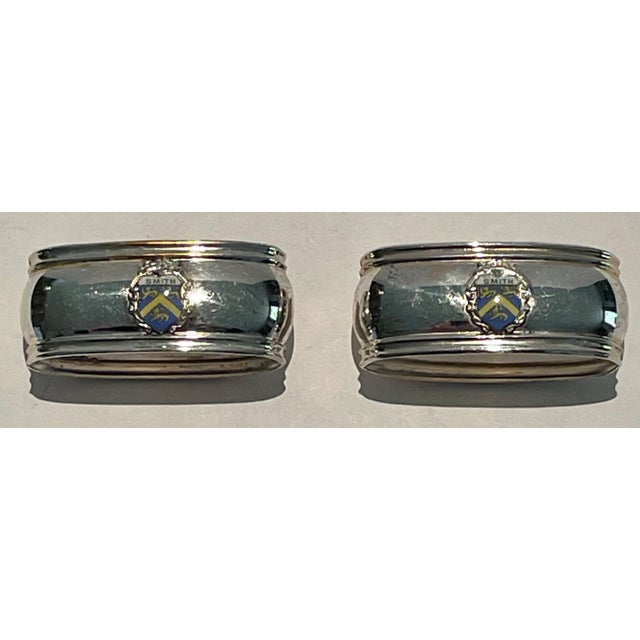 Metal Pair of Silverplate Napkin Rings With Enameled Smith Family Crest and Bermuda Map Engraved For Sale - Image 7 of 10