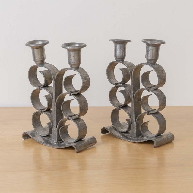 French 1930s Pair of French Pewter Scroll Candlesticks For Sale - Image 3 of 12