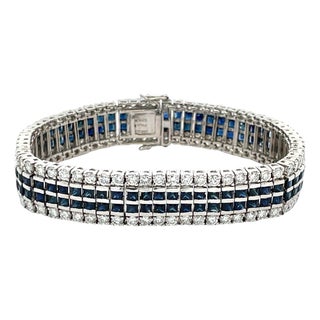 1950s 14k Gold 6.32 Carat Weight of Diamond & 10.35 CTW Blue Sapphire Tennis Bracelet For Sale