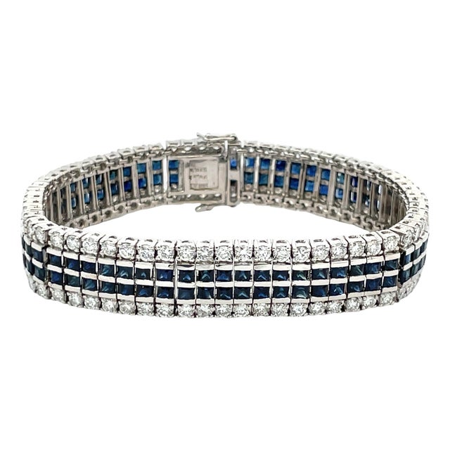 1950s 14k Gold 6.32 Carat Weight of Diamond & 10.35 CTW Blue Sapphire Tennis Bracelet For Sale
