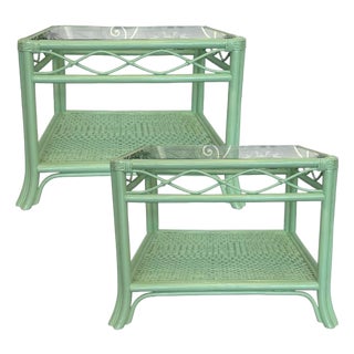 Vintage Coastal Rattan & Glass Side Tables For Sale