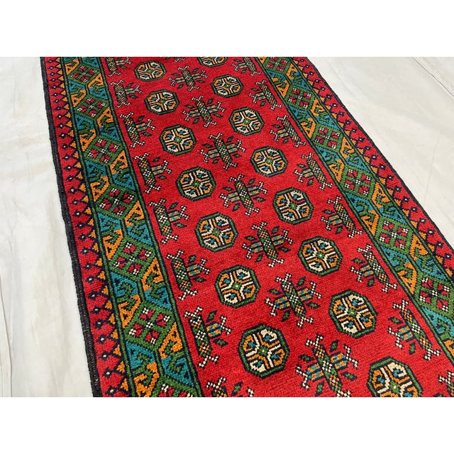 Red and Turquoise Turkmen Tribal Wool Runner Rug, 2'9" X 15'9" For Sale - Image 4 of 13