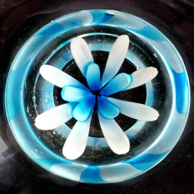 Murano Vintage Murano Fratelli Toso Yellow Blue Italian Art Glass Flower Design Paperweight Bowls Catchalls - A Pair For Sale - Image 4 of 9